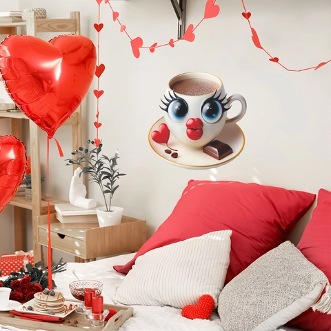 Sticker Mural 3D Tasse de Café Dessin Animé Avec Yeux Cœur Rouge Chocolat PVC Imperméable pour Cuisine Salle de Bain Maison