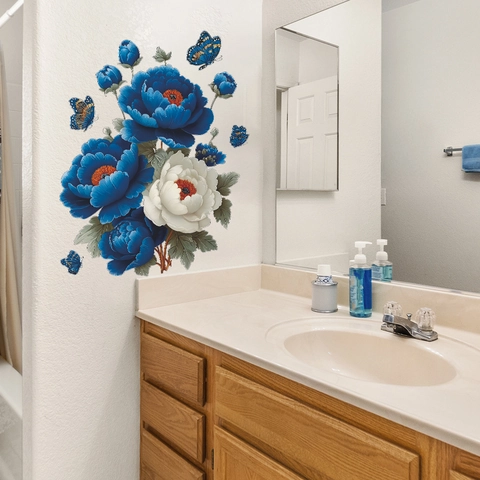 Adesivo da Parete Fiori di Peonia Blu e Bianchi Farfalle Volanti PVC Impermeabile Autoadesivo Rimovibile per Camera da Letto Bagno Casa