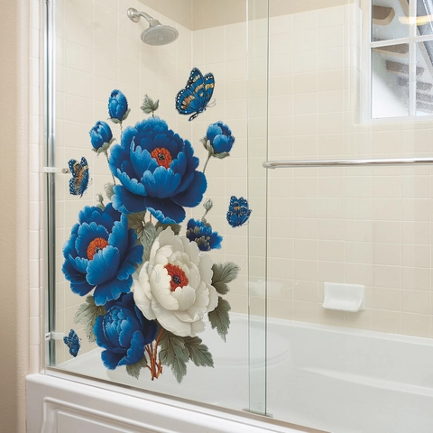 Adesivo da Parete Fiori di Peonia Blu e Bianchi Farfalle Volanti PVC Impermeabile Autoadesivo Rimovibile per Camera da Letto Bagno Casa