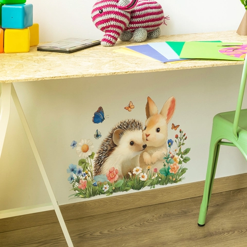 Cartoon Bunny Hedgehog Butterfly Flower Wall Sticker Removable PVC Self Adhesive Mural For Kids Room Bedroom Home Decor