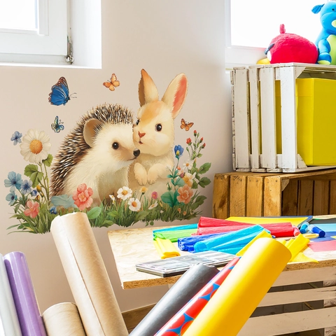 Cartoon Bunny Hedgehog Butterfly Flower Wall Sticker Removable PVC Self Adhesive Mural For Kids Room Bedroom Home Decor