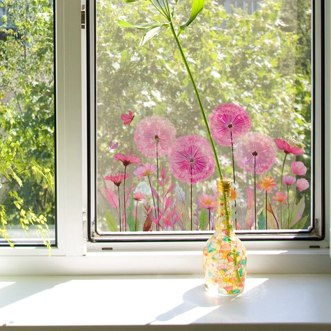 Pegatina de Pared de Diente de León Rosa Mariposa Vinilos de Ventana PVC Removibles Para Dormitorio Sala De Estar Casa