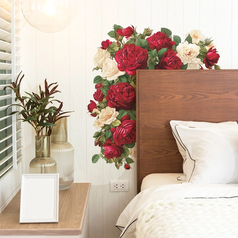 Pegatina de Pared Romántica de Rosa Roja y Blanca PVC Autoadhesiva Removible Decoración de Esquina para Dormitorio Sala de Estar