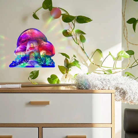 Rainbow Holographic Mushroom House Wall Sticker Colorful Laser Self Adhesive PVC Decal For Bedroom Nursery Home Decor