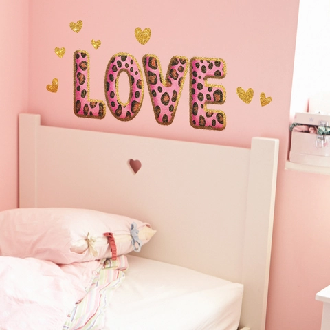 Valentine's Day Pink Leopard Print LOVE Heart Wall Sticker PVC Glitter Decorative Decal For Bedroom Living Room Home Decor