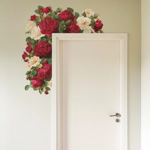 Pegatina de Pared Romántica de Rosa Roja y Blanca PVC Autoadhesiva Removible Decoración de Esquina para Dormitorio Sala de Estar