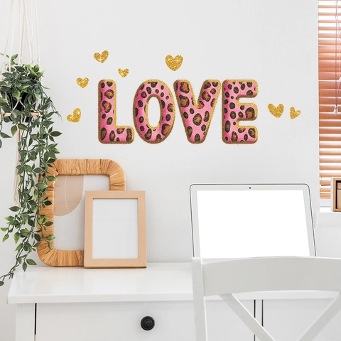 Valentine's Day Pink Leopard Print LOVE Heart Wall Sticker PVC Glitter Decorative Decal For Bedroom Living Room Home Decor