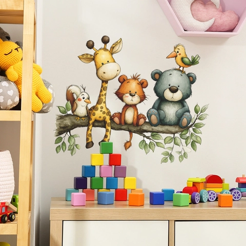 Cute Cartoon Animals On Tree Branch Wall Sticker PVC Removable Self Adhesive Decal For Kids Room Nursery Bedroom Home Decor