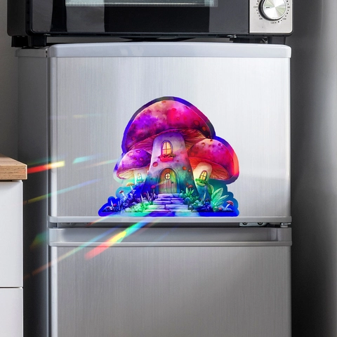Rainbow Holographic Mushroom House Wall Sticker Colorful Laser Self Adhesive PVC Decal For Bedroom Nursery Home Decor