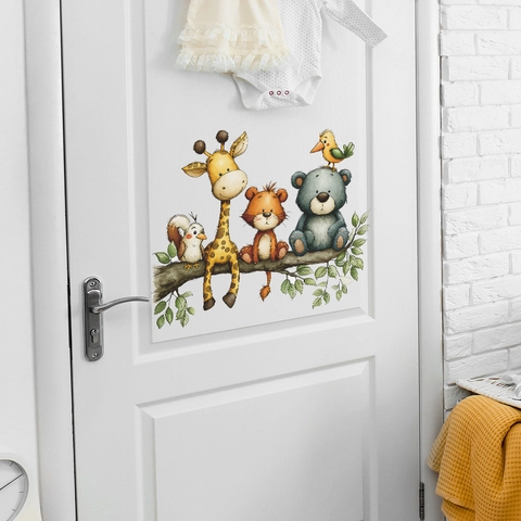 Cute Cartoon Animals On Tree Branch Wall Sticker PVC Removable Self Adhesive Decal For Kids Room Nursery Bedroom Home Decor