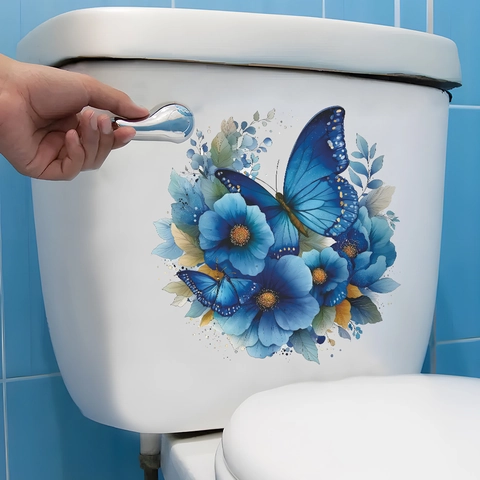 Blauwe Vlinder Bloemen Badkamer Toilet Sticker Waterdicht PVC Zelfklevend Aquarel Bloem Muursticker Huis Toilet Decoratie