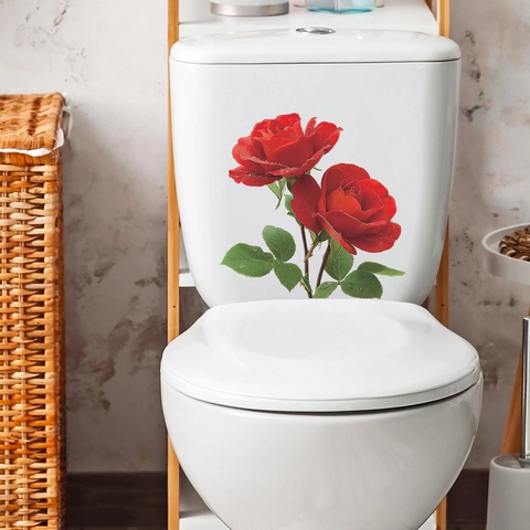 Adesivo WC in PVC con Rosa Rossa Romantica Decalcomania da Muro Impermeabile per Bagno Decorazione Domestica Motivo Floreale