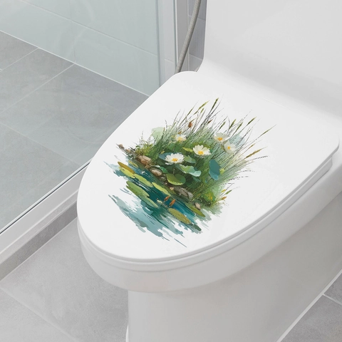 Adesivo per Coperchio del Water Stagno di Loto Estivo Acquerello Loto Bianco Foglie Verdi PVC Impermeabile per Bagno