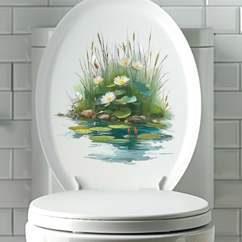 Adesivo per Coperchio del Water Stagno di Loto Estivo Acquerello Loto Bianco Foglie Verdi PVC Impermeabile per Bagno