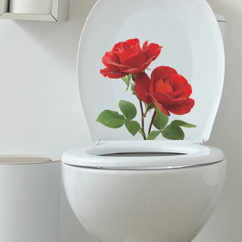 Adesivo WC in PVC con Rosa Rossa Romantica Decalcomania da Muro Impermeabile per Bagno Decorazione Domestica Motivo Floreale