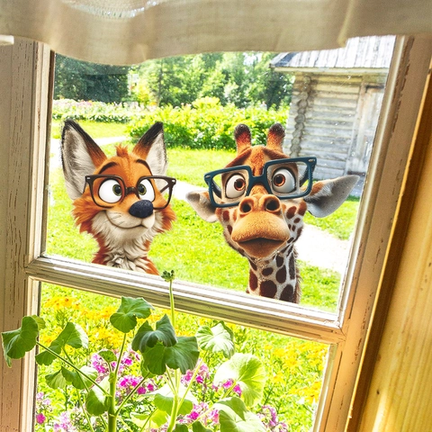 Stickers de Fenêtre Animaux de Dessin Animé 3D PVC Renard Girafe Avec Lunettes Décalcomanies Murales Auto-Adhésives Décoration