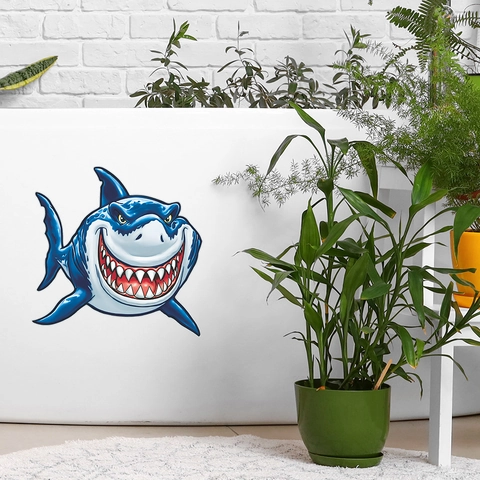 Pegatina de Pared Tiburón Dibujos Animados Impermeable PVC Calcomanía Inodoro Patrón Tiburón Feroz para Baño Cocina Hogar