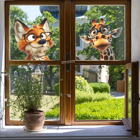 Stickers de Fenêtre Animaux de Dessin Animé 3D PVC Renard Girafe Avec Lunettes Décalcomanies Murales Auto-Adhésives Décoration