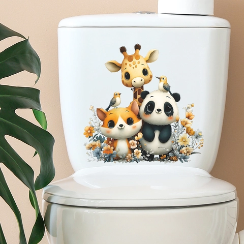Cute Cartoon Animal Flower Toilet Seat Sticker Waterproof PVC Wall Decal For Bathroom Home Decor Panda Giraffe Fox Sticker