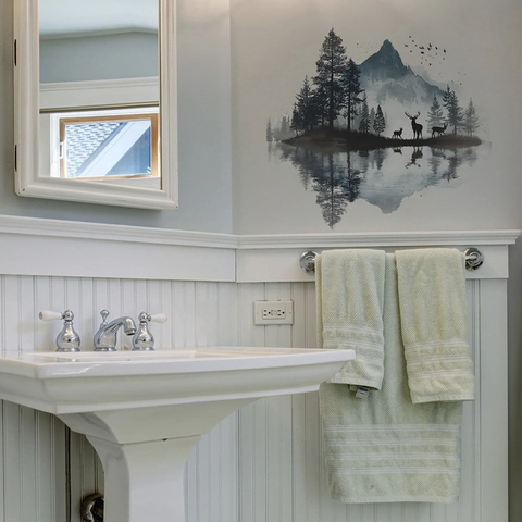 Pegatina de Pared Silueta Alce Paisaje Montaña PVC Estilo Arte Tinta Reflejo Mural Autoadhesivo Decoración Hogar