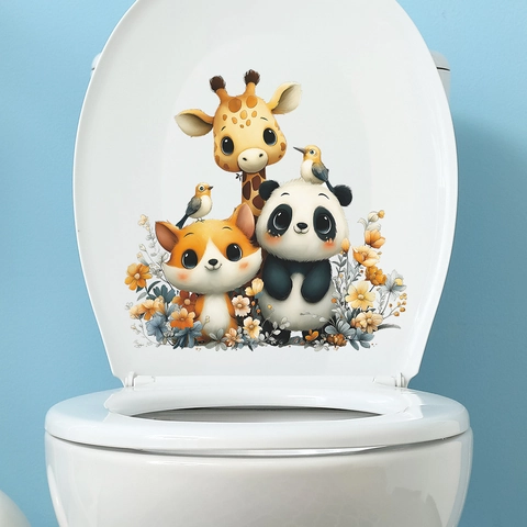 Cute Cartoon Animal Flower Toilet Seat Sticker Waterproof PVC Wall Decal For Bathroom Home Decor Panda Giraffe Fox Sticker