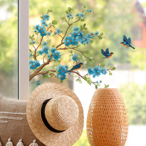 Adesivo da Parete a Forma di Ramo di Fiori Blu e Uccelli Autoadesivo in PVC Removibile per Soggiorno Casa