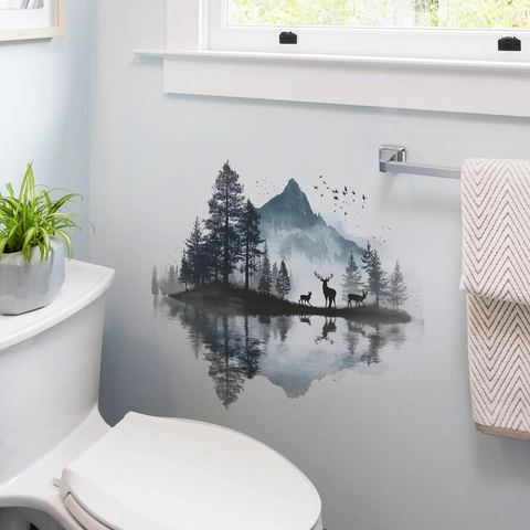 Pegatina de Pared Silueta Alce Paisaje Montaña PVC Estilo Arte Tinta Reflejo Mural Autoadhesivo Decoración Hogar