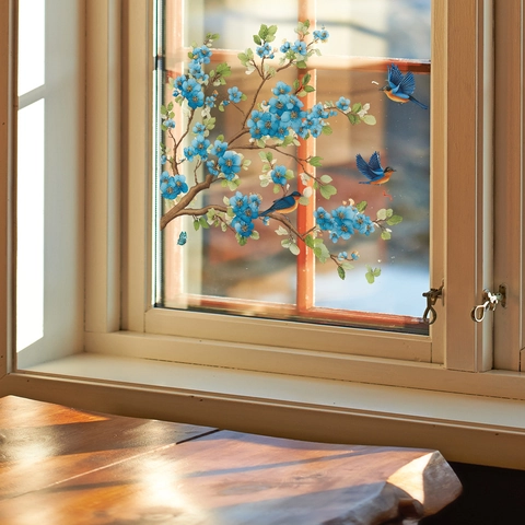 Adesivo da Parete a Forma di Ramo di Fiori Blu e Uccelli Autoadesivo in PVC Removibile per Soggiorno Casa