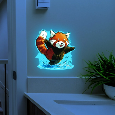 Simpatico Adesivo da Parete Panda Rosso Cartone Animato Fluorescente Autoadesivo Rimovibile PVC Luce Blu Decorazione