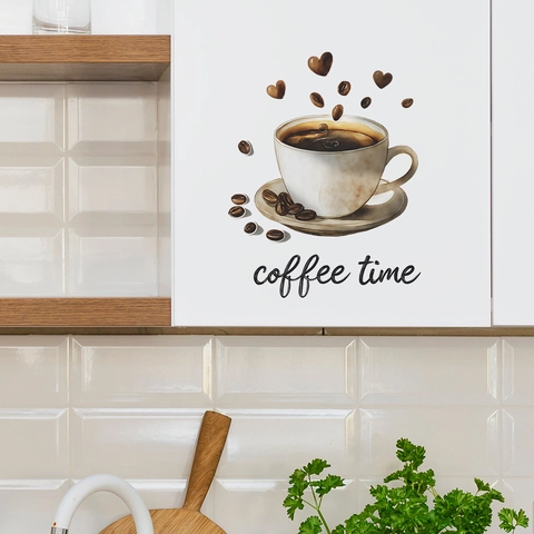 Coffee Time Wandsticker Artistieke Koffiekopje Hartpatroon Waterdicht Verwijderbaar PVC Sticker Voor Keuken Cafe Huis Wanddecoratie