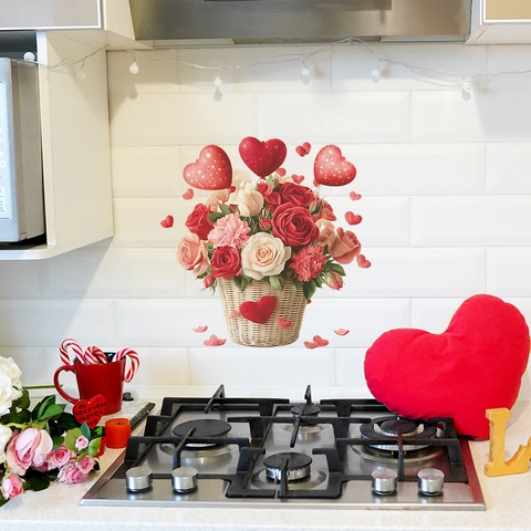 Romantisch Rosenblumenkorb Herz Wandtattoo Wasserdicht PVC Abnehmbar Dekoration Für Schlafzimmer Küche Haus Dekor Valentinstag