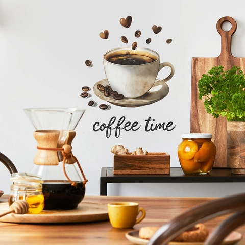 Coffee Time Wandsticker Artistieke Koffiekopje Hartpatroon Waterdicht Verwijderbaar PVC Sticker Voor Keuken Cafe Huis Wanddecoratie