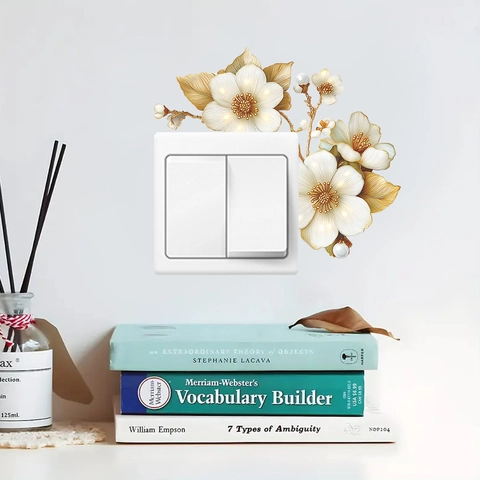 3D White Flower Gold Leaf Switch Sticker Wall Decal Faux Artificial Pearl Decor For Socket Light Switch Home Wall Art Ornament
