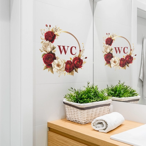 Adesivo per Porta del Bagno WC Floreale PVC Impermeabile Autoadesivo Segnale per Toilette Ghirlanda di Rose Romantiche