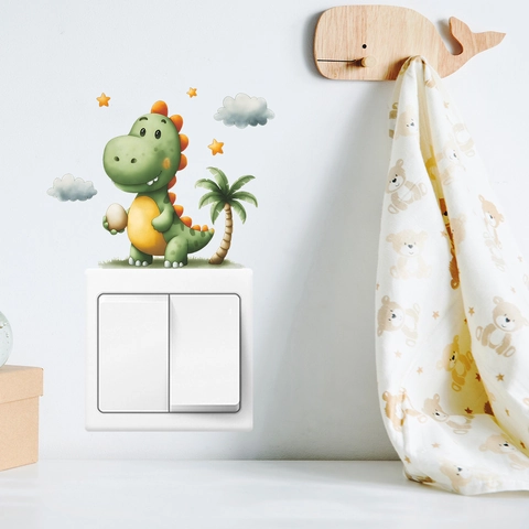 Cute Cartoon Dinosaur Holding Egg Switch Sticker PVC Removable Wall Decal For Kids Room Nursery Bedroom Home Decor