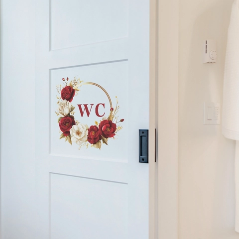 Adesivo per Porta del Bagno WC Floreale PVC Impermeabile Autoadesivo Segnale per Toilette Ghirlanda di Rose Romantiche