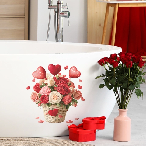 Romantisch Rosenblumenkorb Herz Wandtattoo Wasserdicht PVC Abnehmbar Dekoration Für Schlafzimmer Küche Haus Dekor Valentinstag