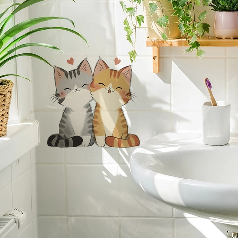 Schattige Cartoon Paar Katten Hart Toiletsticker PVC Waterdicht Verwijderbare Muursticker Voor Badkamer Huisdecoratie Sticker