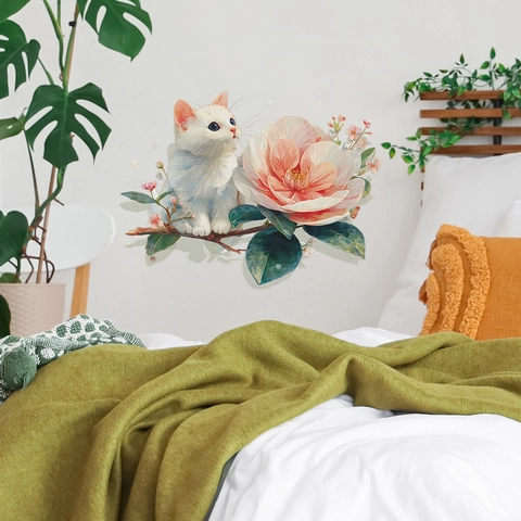 Vinilo de Pared Gato Blanco Lindo Acuarela Y Flor Rosa Calcomanía Autoadhesiva de PVC para Decoración de Hogar Dormitorio Sala