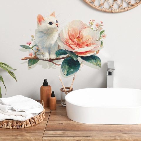 Vinilo de Pared Gato Blanco Lindo Acuarela Y Flor Rosa Calcomanía Autoadhesiva de PVC para Decoración de Hogar Dormitorio Sala