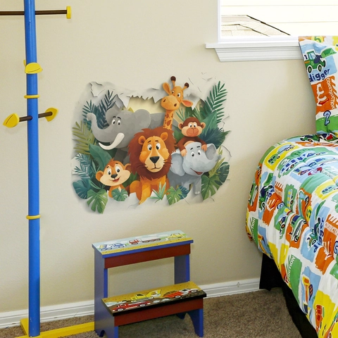3D Adhesivo de Pared Animales Dibujos Animados Pared Rota PVC Removible León Elefante para Habitación Infantil Hogar