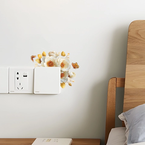 Adesivi Murali per Interruttori in PVC Con Fiori e Farfalle Autoadesivi Bianco Oro Decoro per Prese per Soggiorno Casa