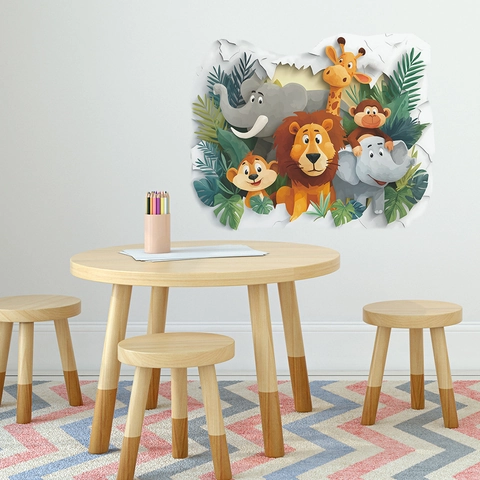 3D Adhesivo de Pared Animales Dibujos Animados Pared Rota PVC Removible León Elefante para Habitación Infantil Hogar