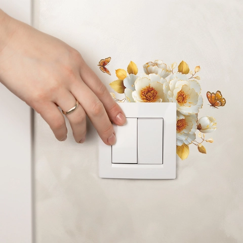 Adesivi Murali per Interruttori in PVC Con Fiori e Farfalle Autoadesivi Bianco Oro Decoro per Prese per Soggiorno Casa