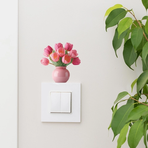 Rosa Tulpen Blumenvase Wandtattoo PVC Selbstklebend Schalter Aufkleber Für Schlafzimmer Badezimmer Haus Deko Floral