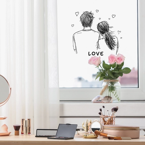Couple Back View Heart LOVE Wall Sticker Hand Drawn Black Line PVC Adhesive Decal Minimalist Romantic Bedroom Home Decor