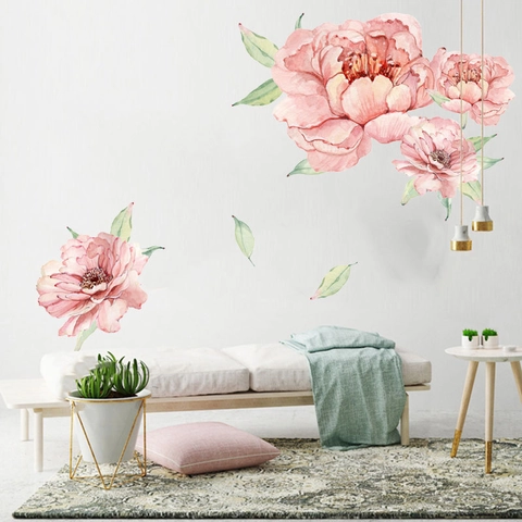 Adesivi Murali con Fiori di Peonia ad Acquerello Rosa Floreale Rimovibile in PVC per Camera da Letto Soggiorno Decorazione Parete Casa