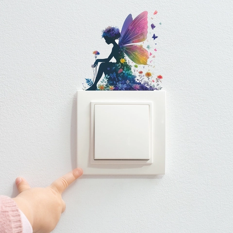 Blumenfee Silhouette Lichtschalter Aufkleber Bunte Schmetterling Floral PVC Wandtattoo Für Kinderzimmer Schlafzimmer Deko DIY Wandbild