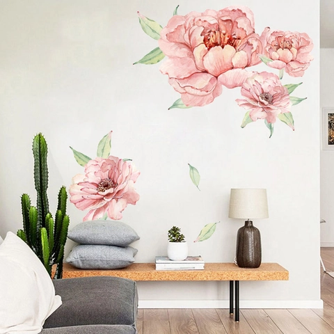Adesivi Murali con Fiori di Peonia ad Acquerello Rosa Floreale Rimovibile in PVC per Camera da Letto Soggiorno Decorazione Parete Casa