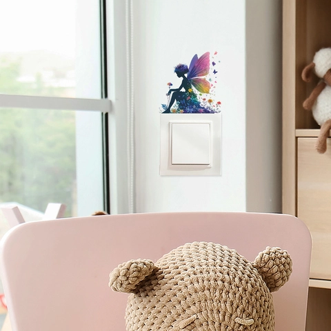 Blumenfee Silhouette Lichtschalter Aufkleber Bunte Schmetterling Floral PVC Wandtattoo Für Kinderzimmer Schlafzimmer Deko DIY Wandbild
